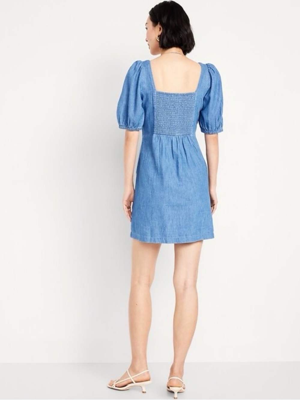 Old Navy Denim Button Front Dress Puff Sleeve Cottagecore Mini M - Picture 2 of 8